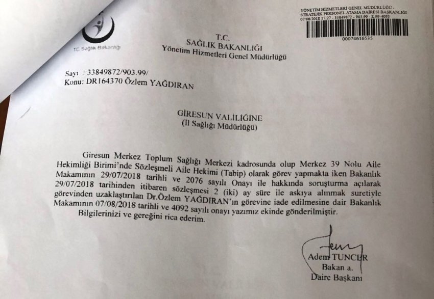 O doktor görevine iade edildi