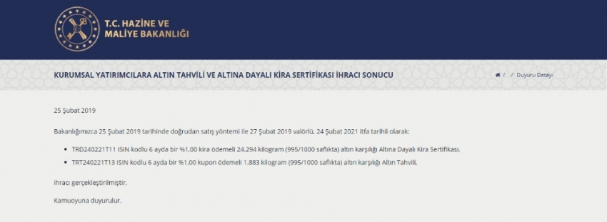 Altın tahvili ve altına dayalı kira sertifikası ihracı yapıldı