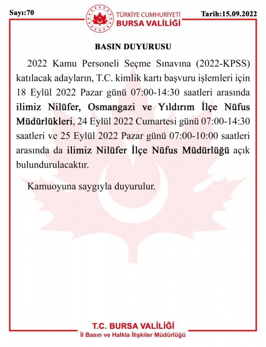 Bursa Valiliği duyurdu