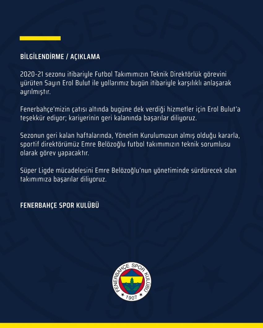 Fenerbahçe’de Erol Bulut ile yollar ayrıldı