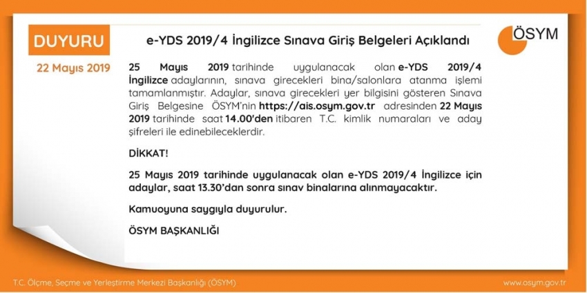 Yabancı Dil Bilgisi Seviye Tespit Sınavı’na giriş belgeleri yayınlandı