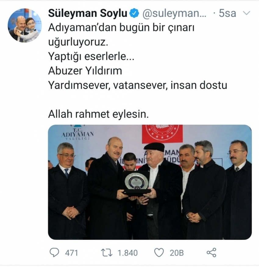 Bakan Soylu’dan Abuzer Yıldırım için başsağlığı mesajı