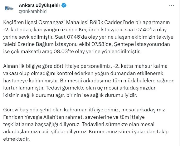 Ankara’da çıkan yangında 1 itfaiye eri şehit oldu
