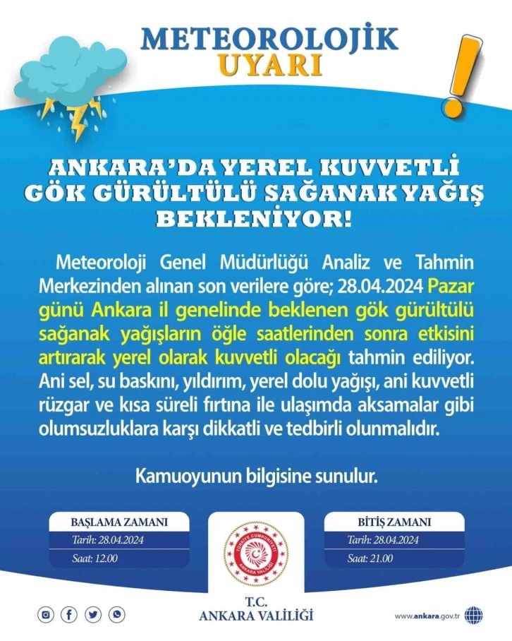 Ankara Valiliği’nden sağanak yağış uyarısı
