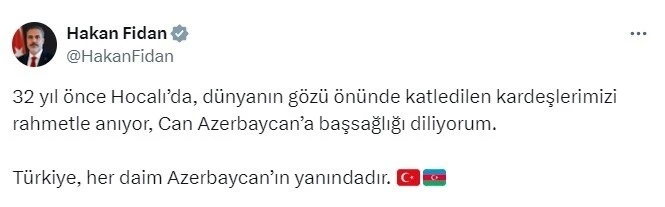 Bakan Fidan’dan Hocalı Katliamı mesajı
