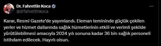 Bakan Koca: &quot;2024 yılı sonuna kadar 36 bin sağlık personeli istihdam edilecek&quot;
