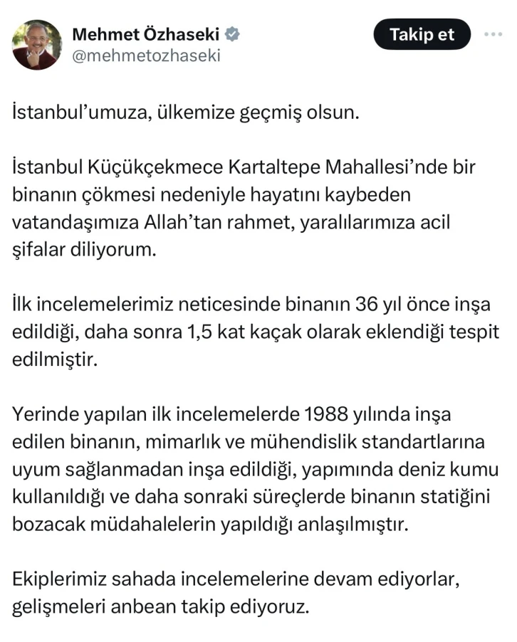 Bakan Özhaseki’den Küçükçekmece’de çöken bina ile ilgili açıklama
