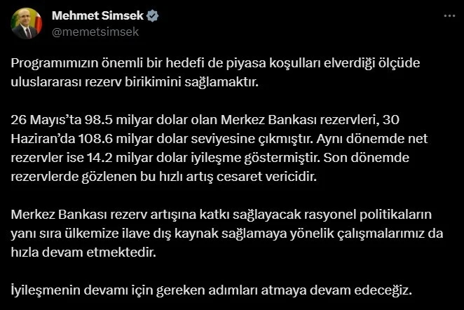 Bakan Şimşek: “Bir aylık dönemde Merkez Bankası rezervleri 10 milyar dolar arttı”
