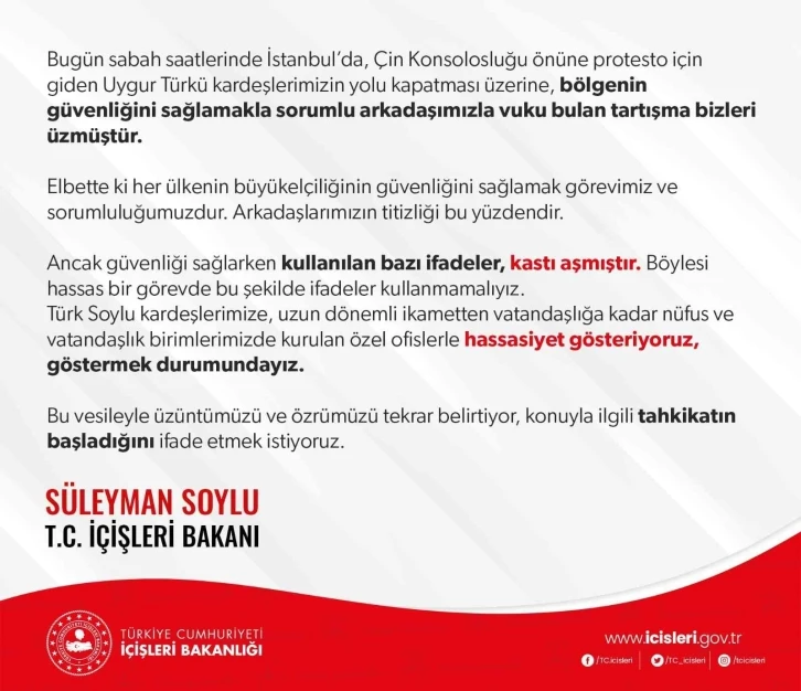 Bakan Soylu, Uygur Türkleri ile polis arasında yaşanan olaydan dolayı üzüntüsünü dile getirdi
