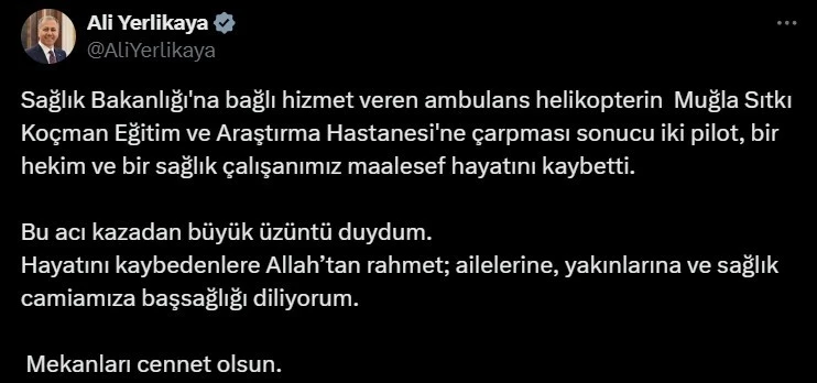 Bakanlar’dan helikopter kazasında vefat edenlere rahmet mesajı
