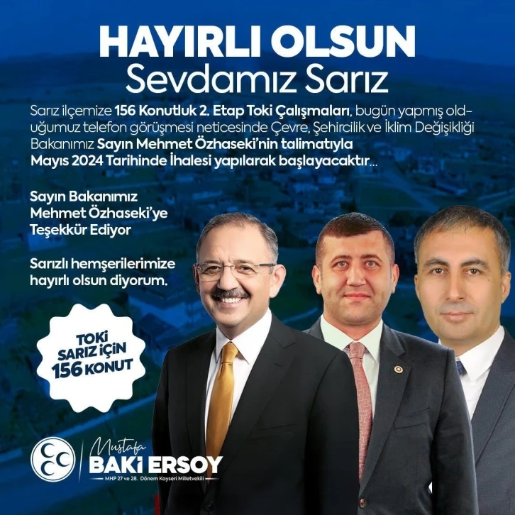 Baki Ersoy’dan Sarız’a 156 konutluk müjde
