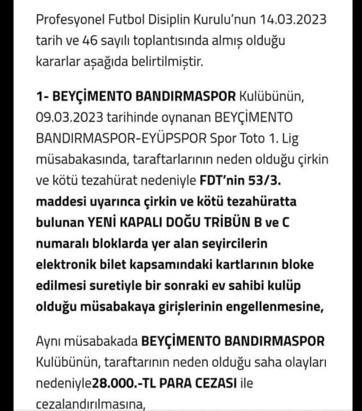 Bandırmaspor’a kötü tezahürat cezası
