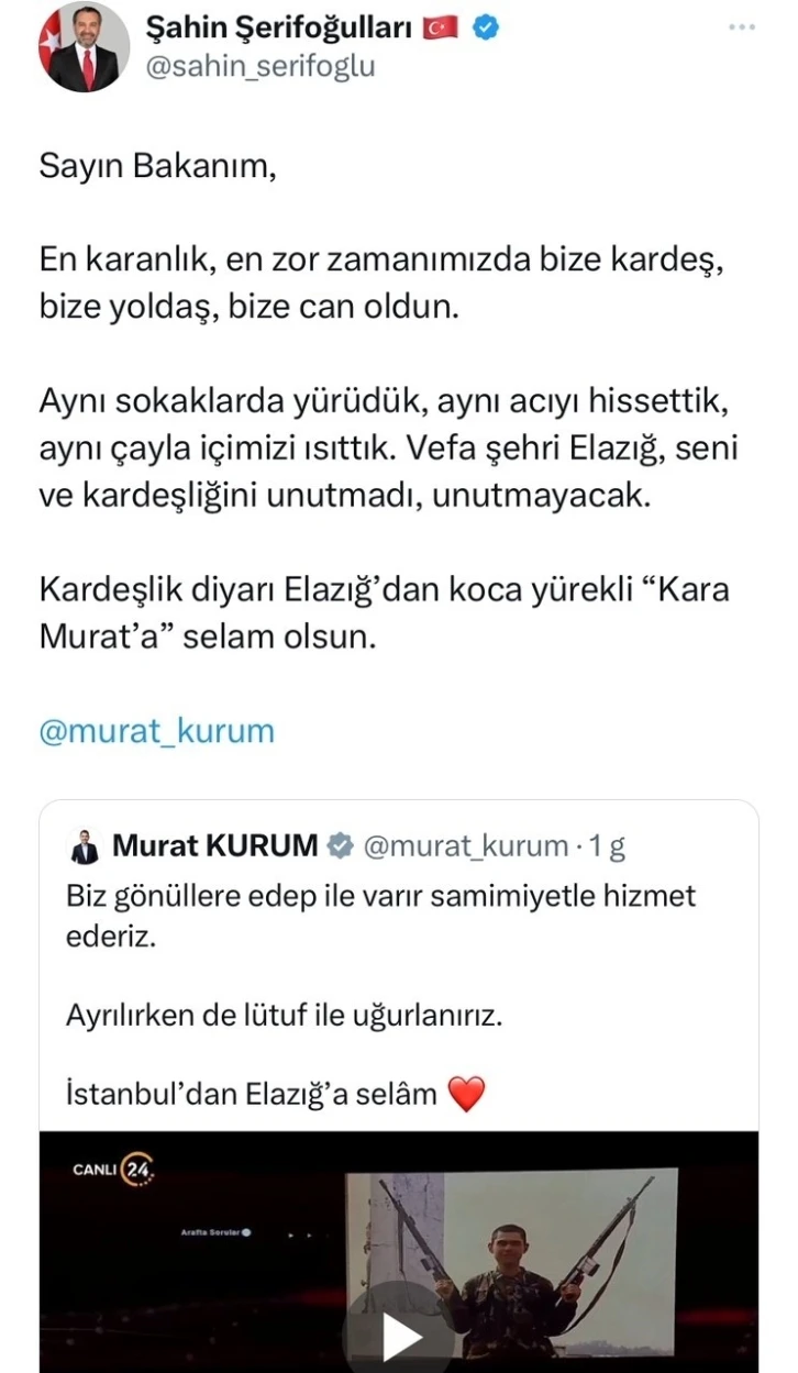 Başkan Şerifoğulları’ndan Murat Kurum’a: "Elazığ’dan koca yürekli Kara Murat’a selam olsun”
