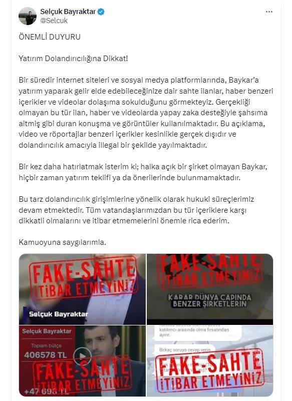 Baykar Yönetim Kurulu Başkanı Selçuk Bayraktar’dan dolandırıcılık uyarısı
