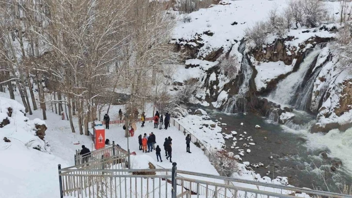 Beyaz gelinliğini giyen Muradiye Şelalesi’ne yoğun ilgi
