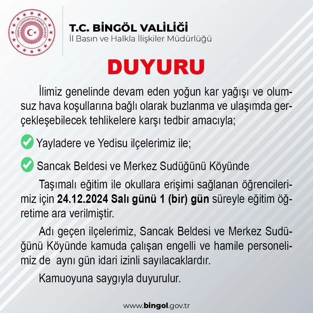 Bingöl’ün iki ilçesinde taşımalı eğitime 1 gün ara
