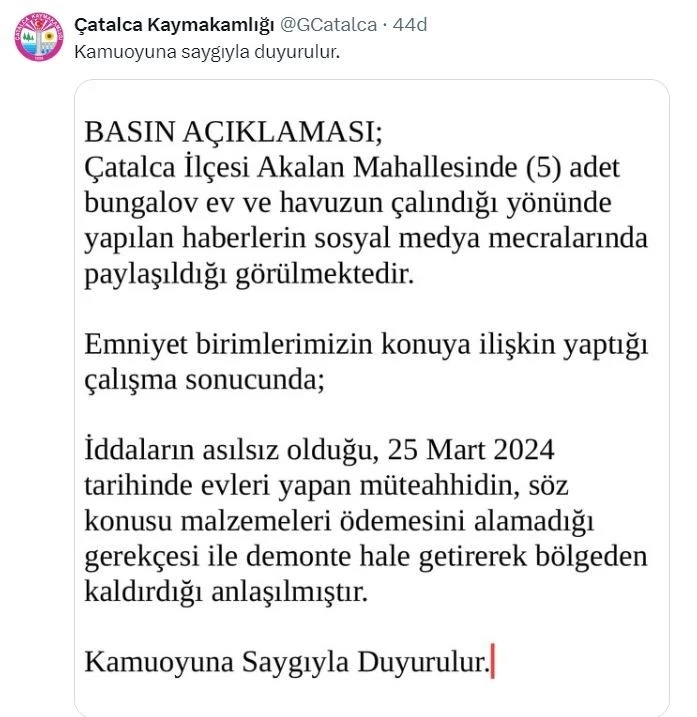 Çatalca Kaymakamlığından "bungalov ev" açıklaması
