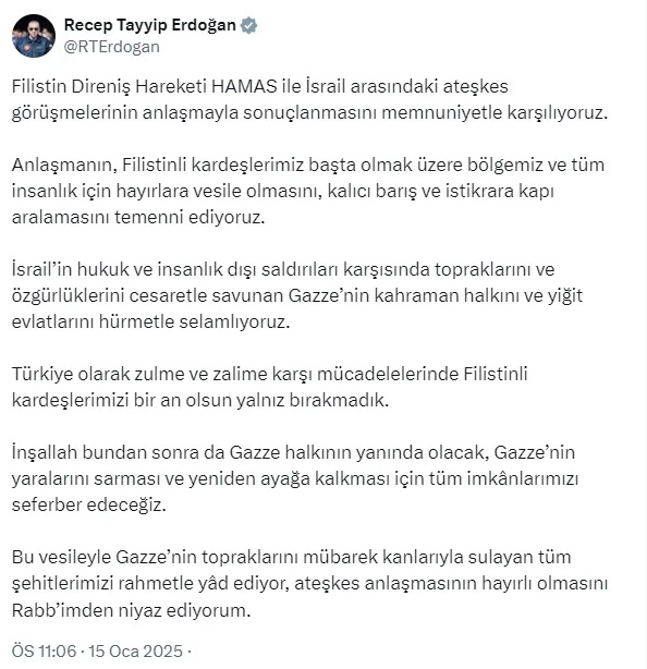 Cumhurbaşkanı Erdoğan’dan ’ateşkes’ açıklaması: &quot;Gazze’nin kahraman halkını hürmetle selamlıyoruz&quot;
