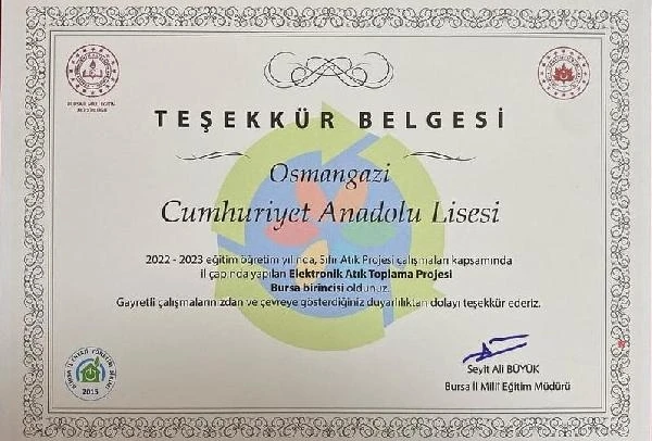 Cumhuriyet Anadolu Lisesi ‘Elektronik Atık Toplama Projesi’nde Bursa 1’incisi oldu