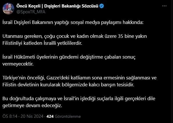 Dışişleri Sözcüsü Keçeli: "Utanması gereken İsrailli yetkililerdir"
