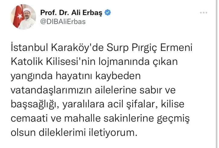 Diyanet İşleri Başkanı Erbaş’tan kilise lojmanındaki yangında vefat edenler için taziye mesajı
