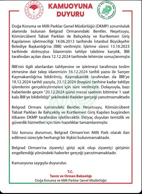 DKMP’den “İBB’ye Belgrad Ormanları’nın mesai bitimine 1 saat kala tahliyesi bildirildi” iddiasına yalanlama
