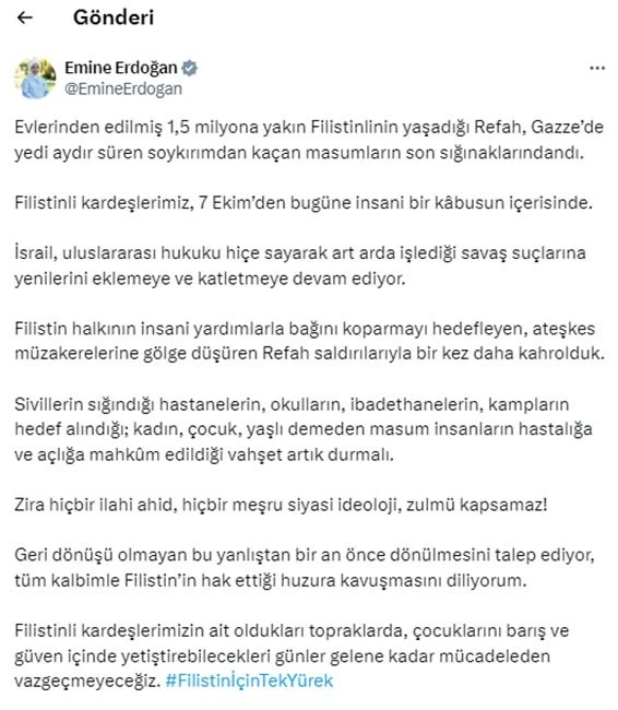 Emine Erdoğan’dan İsrail’in Refah’a yönelik saldırısına tepki
