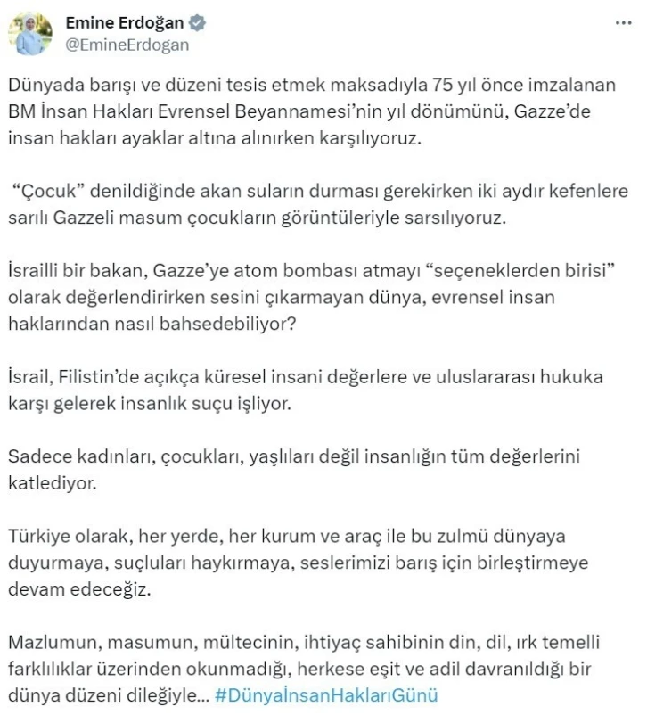 Emine Erdoğan: “İsrail, Filistin’de açıkça küresel insani değerlere ve uluslararası hukuka karşı gelerek insanlık suçu işliyor”
