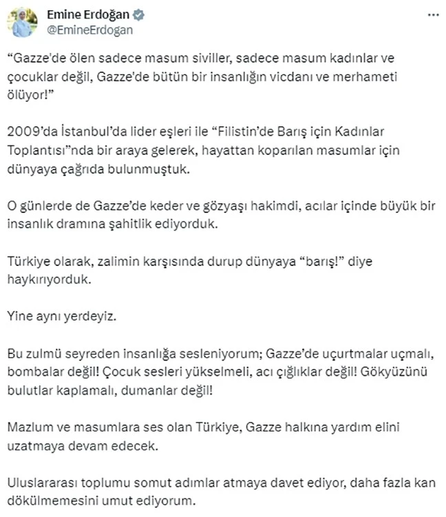 Emine Erdoğan: “Türkiye olarak zalimin karşısında durup dünyaya ‘barış’ diye haykırıyorduk, yine aynı yerdeyiz”
