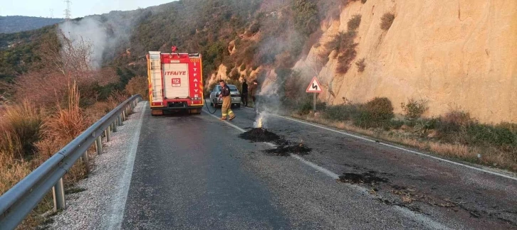 Saman yüklü kamyon alev aldı