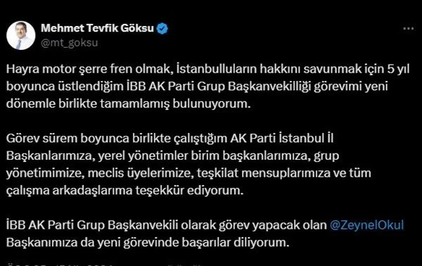 Esenler Belediye Başkanı Tevfik Göksu’nun İBB Meclisi’ndeki AK Parti Grup Başkanvekilliği görevi sona erdi
