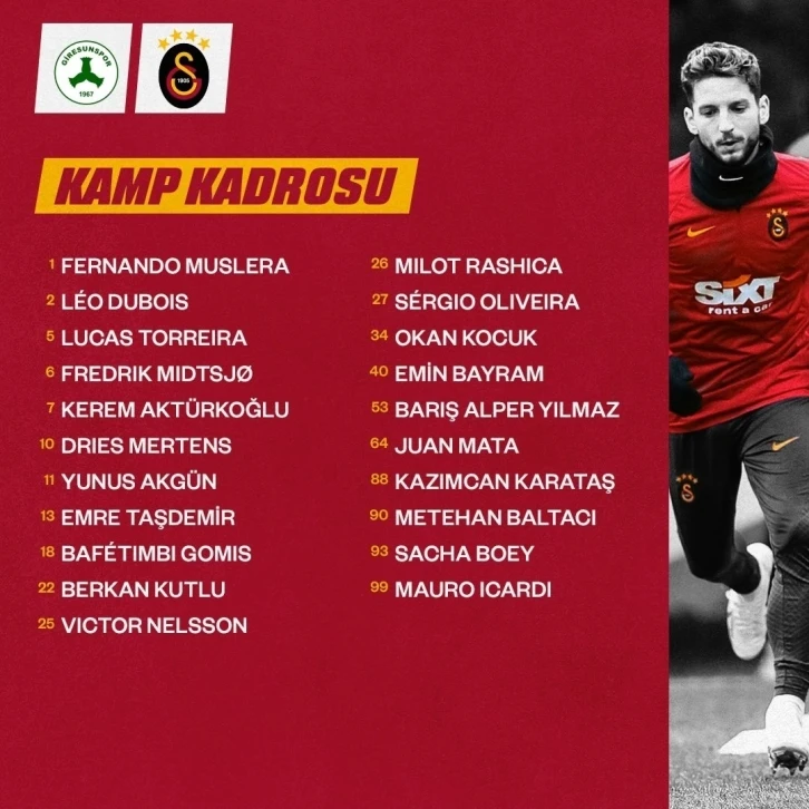 Galatasaray’ın, Giresunspor maçı kamp kadrosu açıklandı
