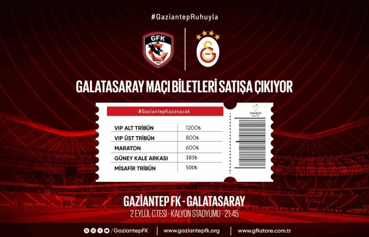 Gaziantep FK - Galatasaray maçı biletleri satışta
