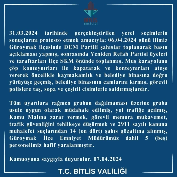 Güroymak’ta çıkan olaylarla ilgili Valilik açıklama yaptı
