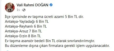 Hatay’da ev taşıma ücretine azami sınır getirildi
