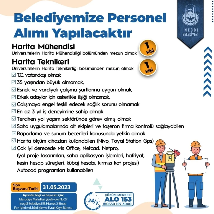 İnegöl Belediyesi personel alımı yapacak 