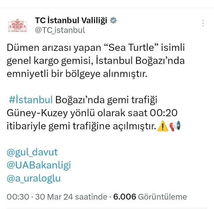 İstanbul Boğazı yeniden gemi trafiğine açıldı
