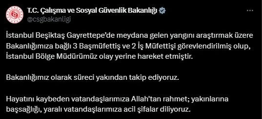 İstanbul’daki yangın faciasıyla ilgili 3 başmüfettiş ve 2 iş müfettişi görevlendirildi