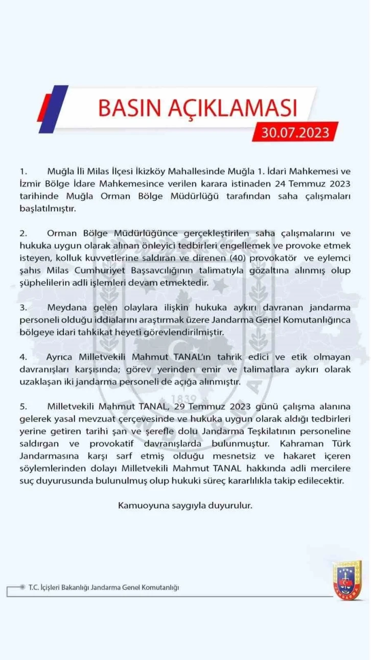 Jandarma Genel Komutanlığı: “Milletvekili Mahmut Tanal hakkında adli mercilere suç duyurusunda bulunulmuştur”
