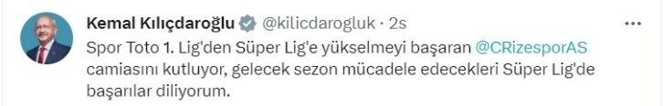 Kılıçdaroğlu, Süper Lig’e çıkan Rizespor’u kutladı