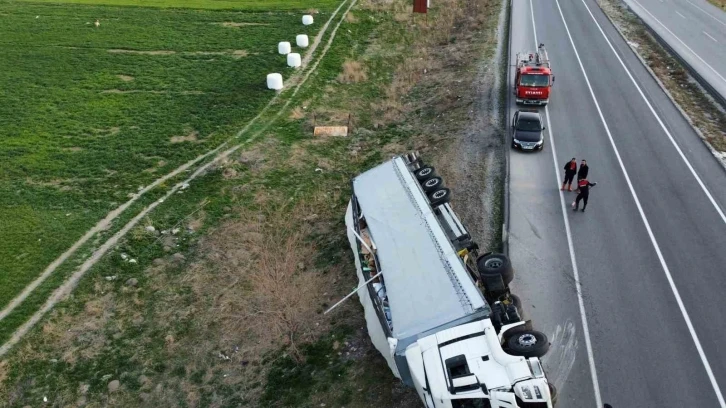 Kontrolden çıkan temizlik malzemesi yüklü tır devrildi
