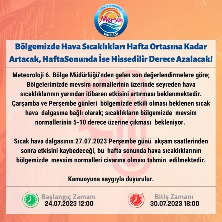 Mersin Valiliğinden sıcak hava uyarısı
