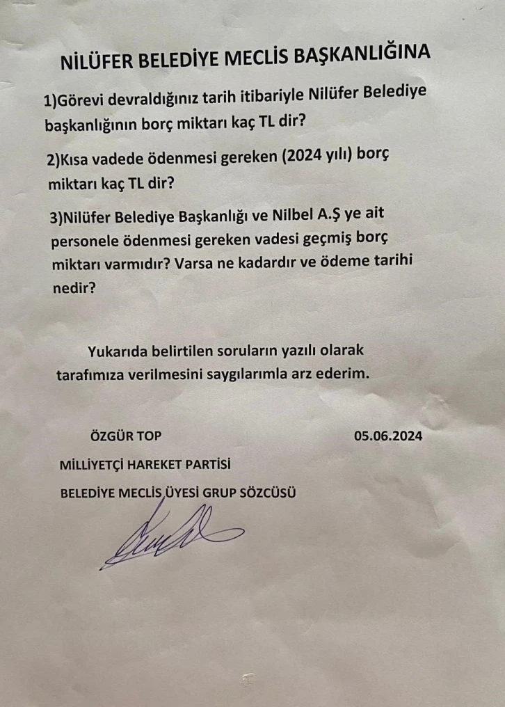 MHP’den Nilüfer Belediyesi’ne 3 soruluk önerge
