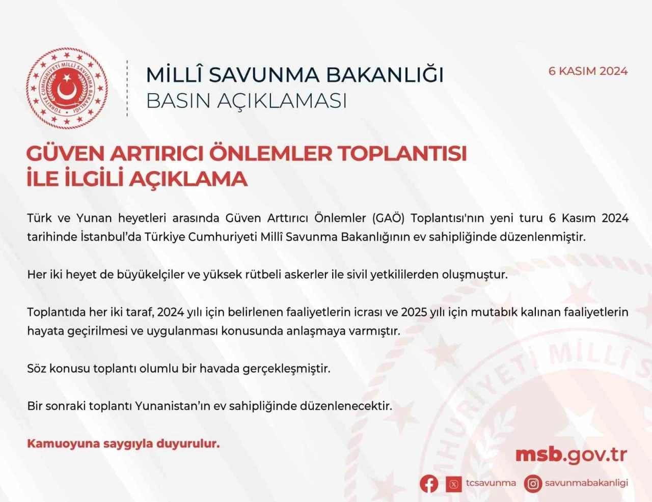 MSB: &quot;Yunanistan ile Güven Artırıcı Önlemler Toplantısı olumlu bir havada gerçekleşmiştir&quot;
