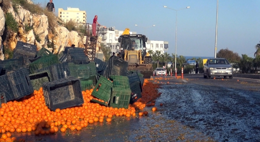 Tırdan dökülen narenciye karayolunu trafiğe kapattı