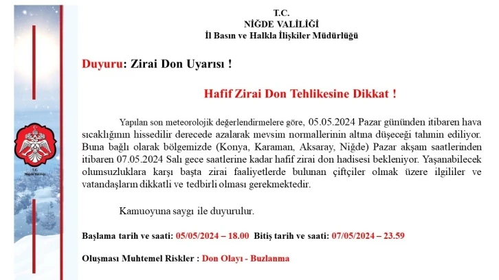 Niğde Valiliği uyardı zirai don uyarısı yaptı
