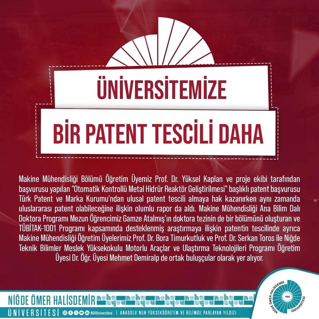 NÖHÜ’ye bir ulusal patent tescili daha
