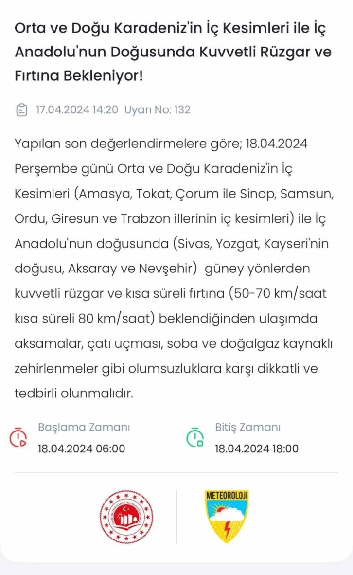 Orta ve Doğu Karadeniz’in iç kesimleri için fırtına uyarısı
