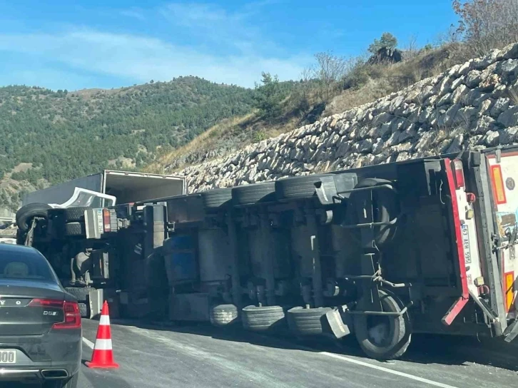 Paket tavuk yüklü tır devrildi, sürücüsü yaralandı
