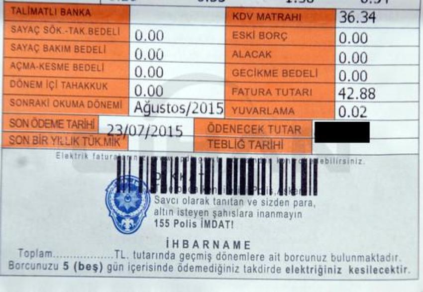 Polisten elektrik faturasına uyarı notu